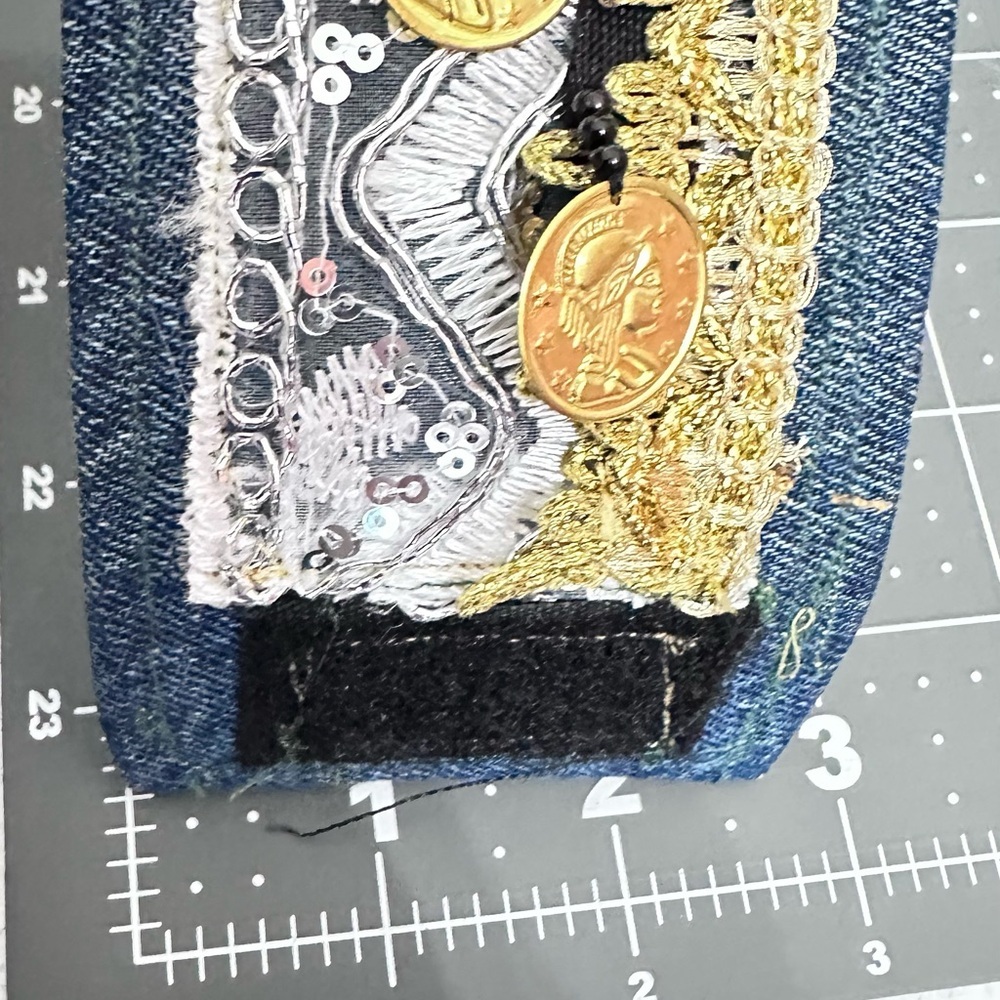 OOAK Upcycled Denim Gold Coin Charm Sequins Cuff Bracelet Boho Lined Signed - Picture 4 of 12
